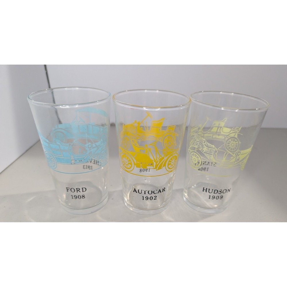 3 Vtg Hazel Atlas Glasses Tumblers w/ two-sided Antique Car collectable drink